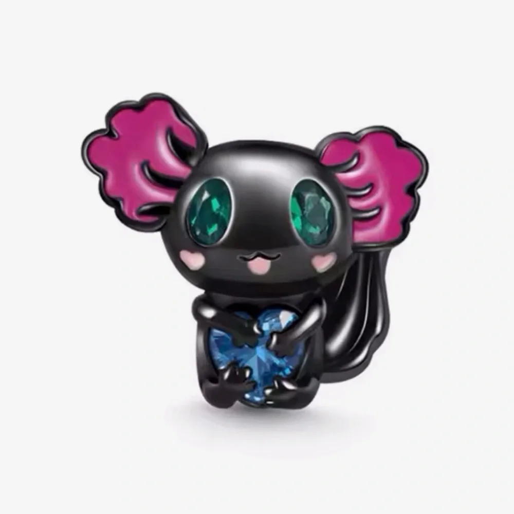 Bracelet Charm Black Salamander Holding Blue Rhinestone Heart - Picture 2 of 9